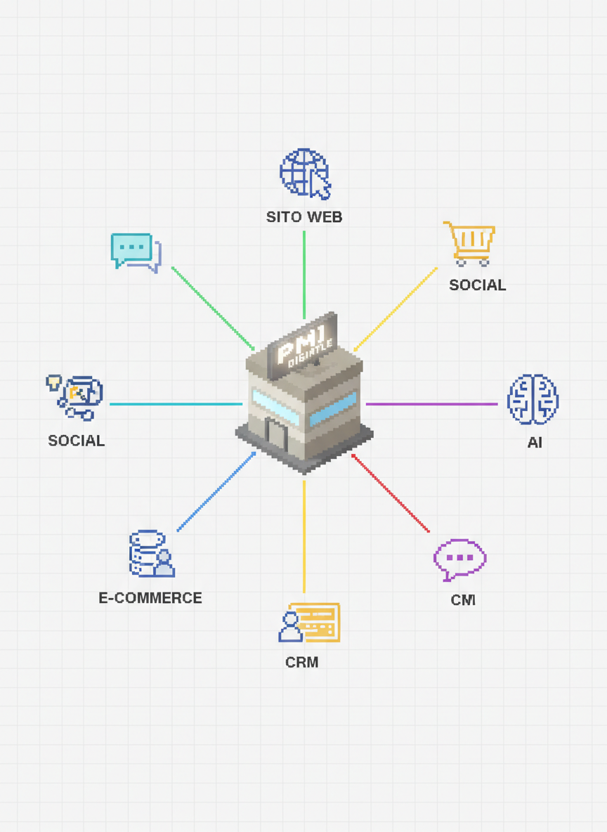 Mappa concettuale pixel-art che rappresenta il percorso digitale di una piccola impresa: al centro un edificio stilizzato con insegna neutra, circondato da percorsi luminosi che portano a icone di sito web, e-commerce, social, CRM e AI. Ogni percorso è una linea colorata ben definita che parte dal centro e si ramifica ordinatamente, evitando intrecci caotici. Sfondo chiaro, quasi bianco, con griglia leggera per ricordare un foglio di progettazione. Luce uniforme e morbida, atmosfera chiara e rassicurante. La composizione segue la regola dei terzi, con l’azienda leggermente decentrata. L’immagine comunica la regia strategica e l’allineamento di tutti i canali digitali per i titolari di PMI.