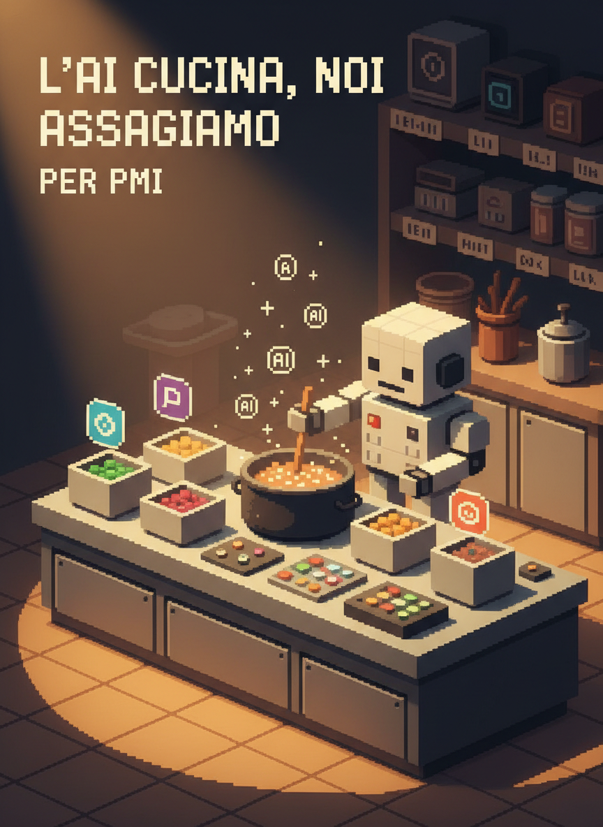 Scena pixel-art di una cucina-metafora per il digitale: un grande bancone ordinato come una console di controllo, con pentole quadrate stilizzate che contengono ingredienti iconici per dati, contenuti, campagne. Un robot-cuoco pixelato senza tratti umani ‘mescola’ gli ingredienti in una grande casseruola che emette piccole scintille a forma di icone AI. Sullo sfondo scaffali etichettati con simboli semplici di fornitori e strumenti digitali, tutti ben allineati. Illuminazione calda, come da faretti di uno studio, che crea un clima accogliente ma professionale. Inquadratura a tre quarti, con profondità marcata e atmosfera giocosa ma rigorosa, a rappresentare il concetto “l’AI cucina, noi assaggiamo” per le PMI.